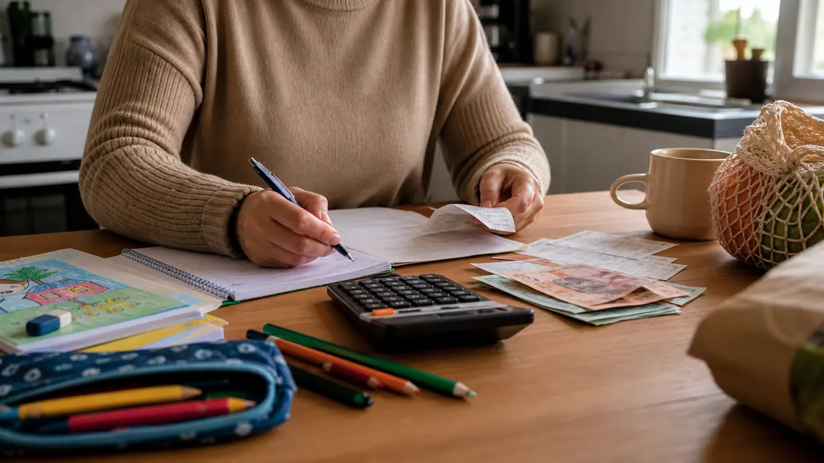 Presupuesto familiar con calculadora, tickets, útiles escolares y pesos argentinos