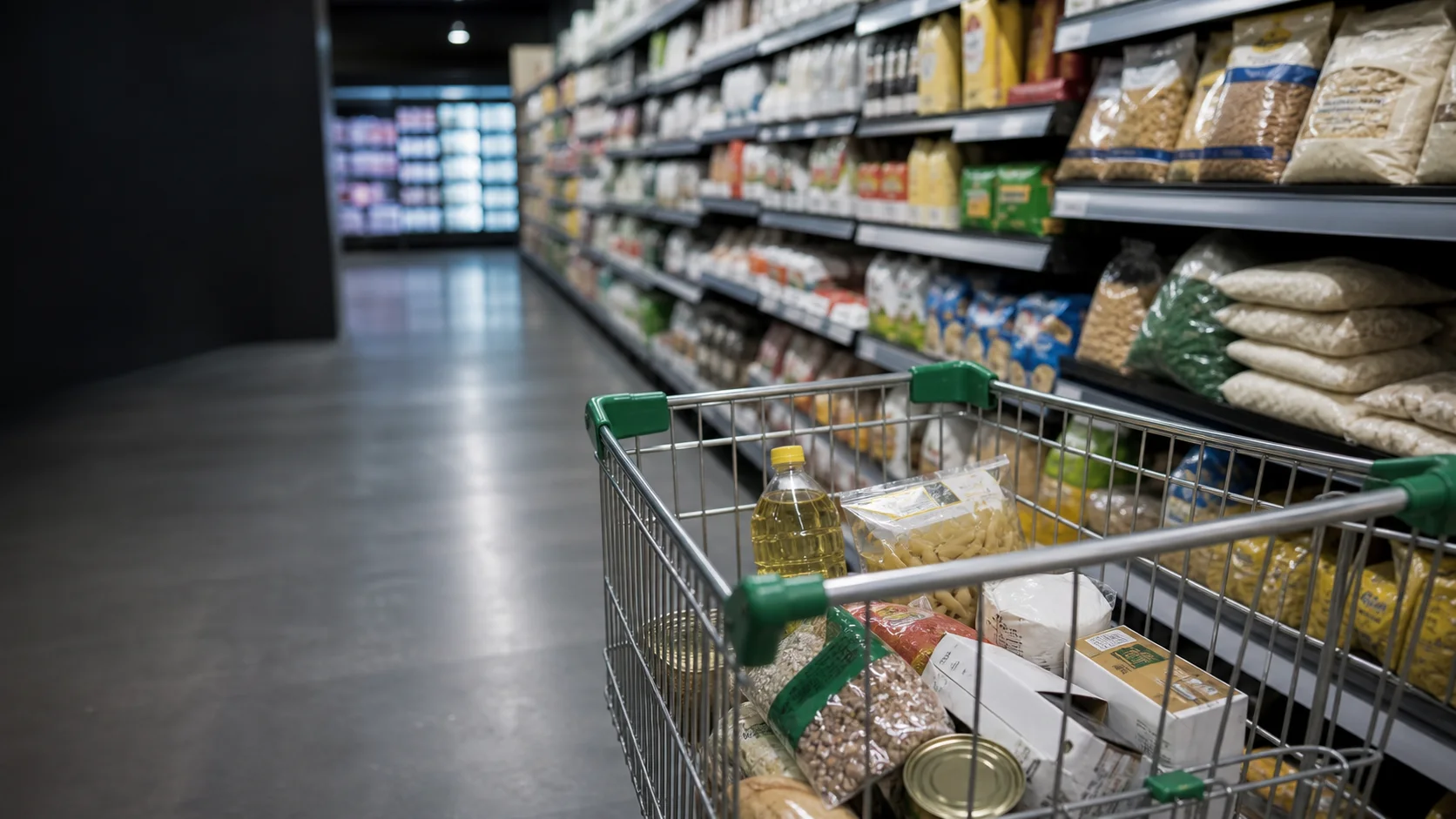 Carrito con alimentos en un pasillo de supermercado