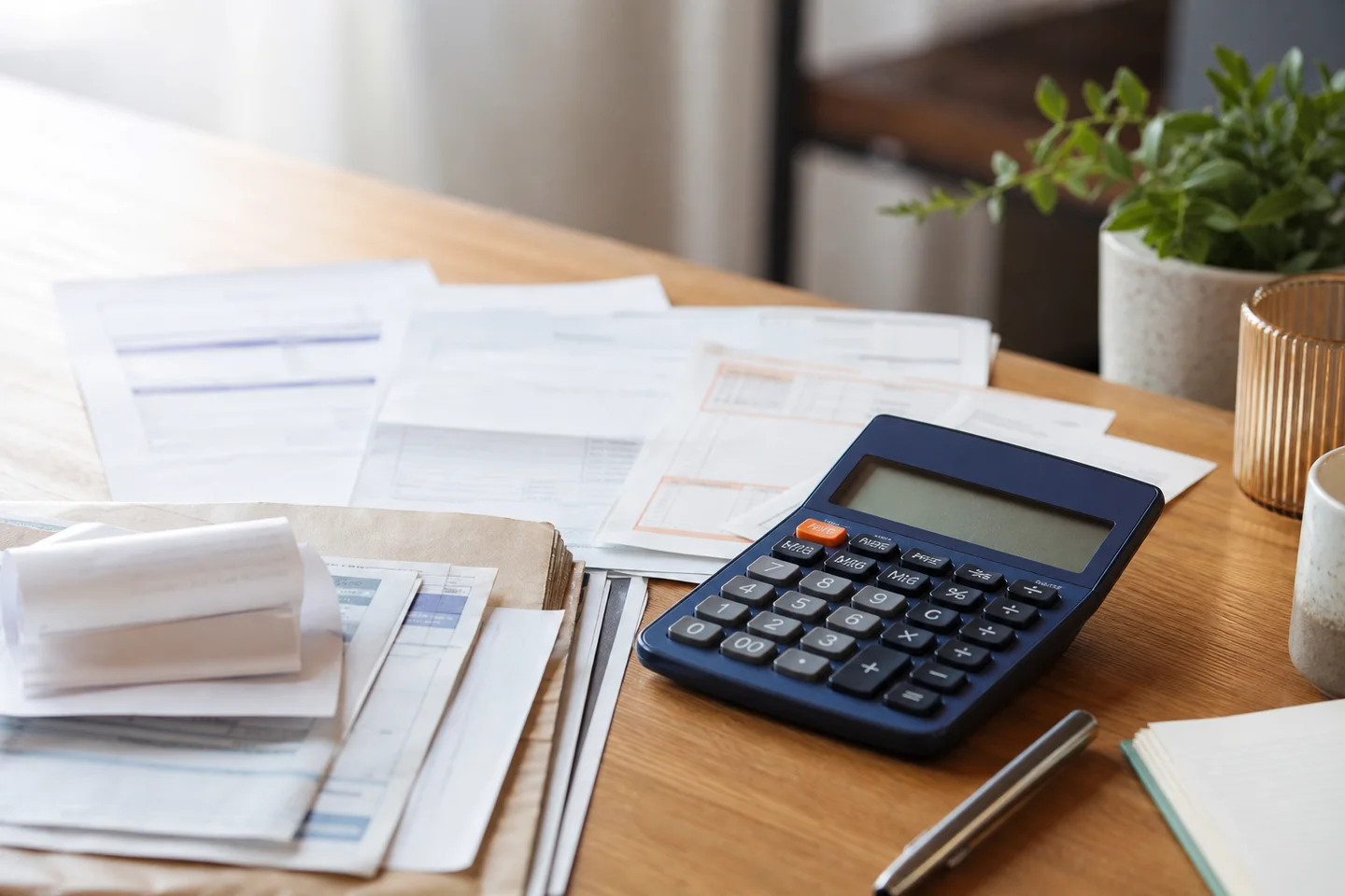 Facturas y comprobantes junto a una calculadora sobre un escritorio