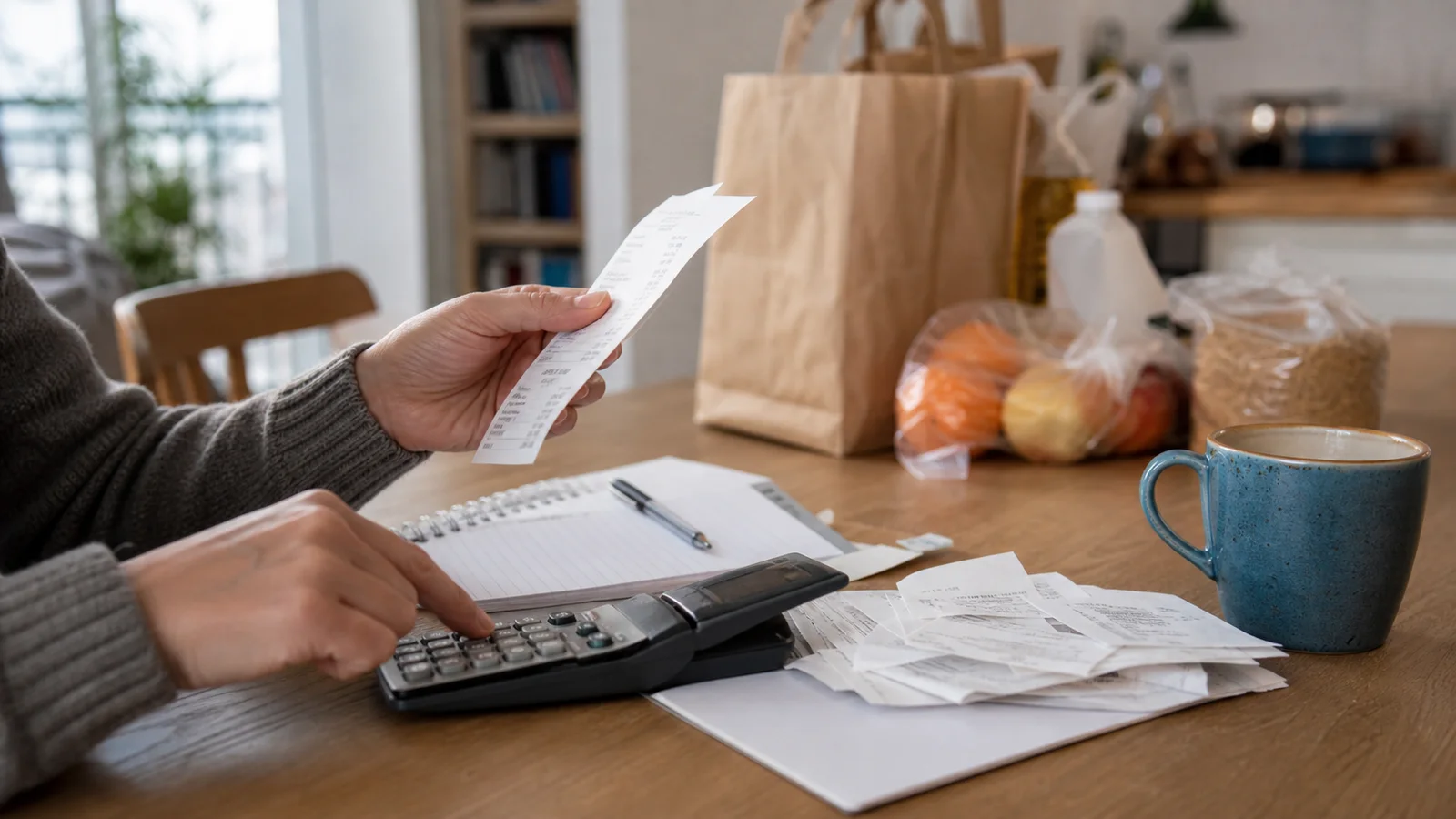 Persona revisando tickets de compras y el presupuesto familiar con una calculadora